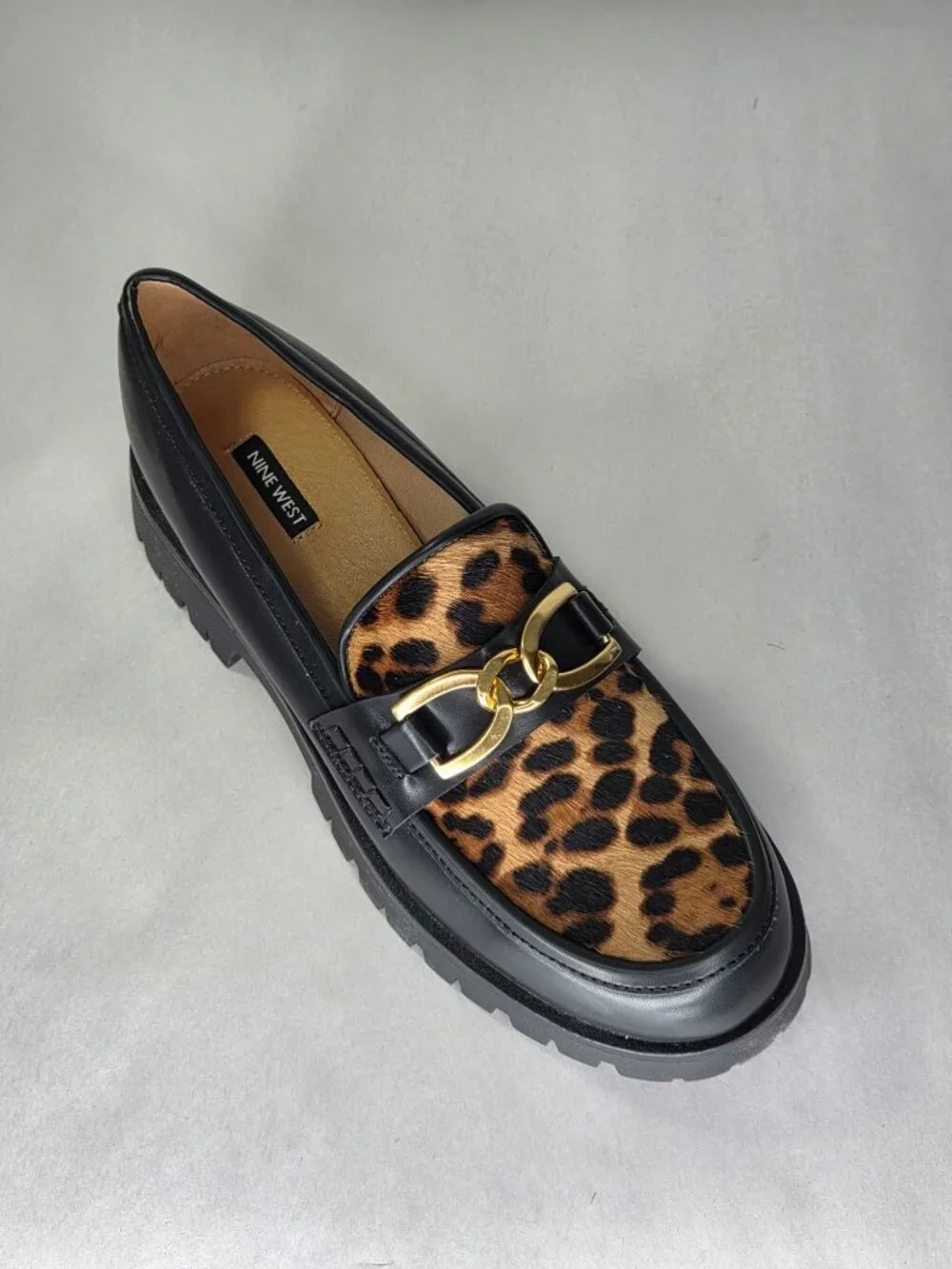 Nine West Gables Chain Bit Lug Loafers - Black/Leopard Calf Hair